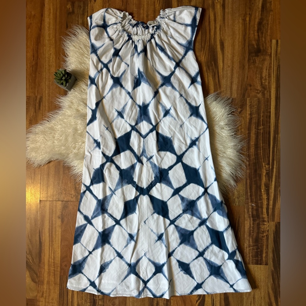 Ann Mashburn Cap Sleeve Blue White Pattern Shift Maxi Dress